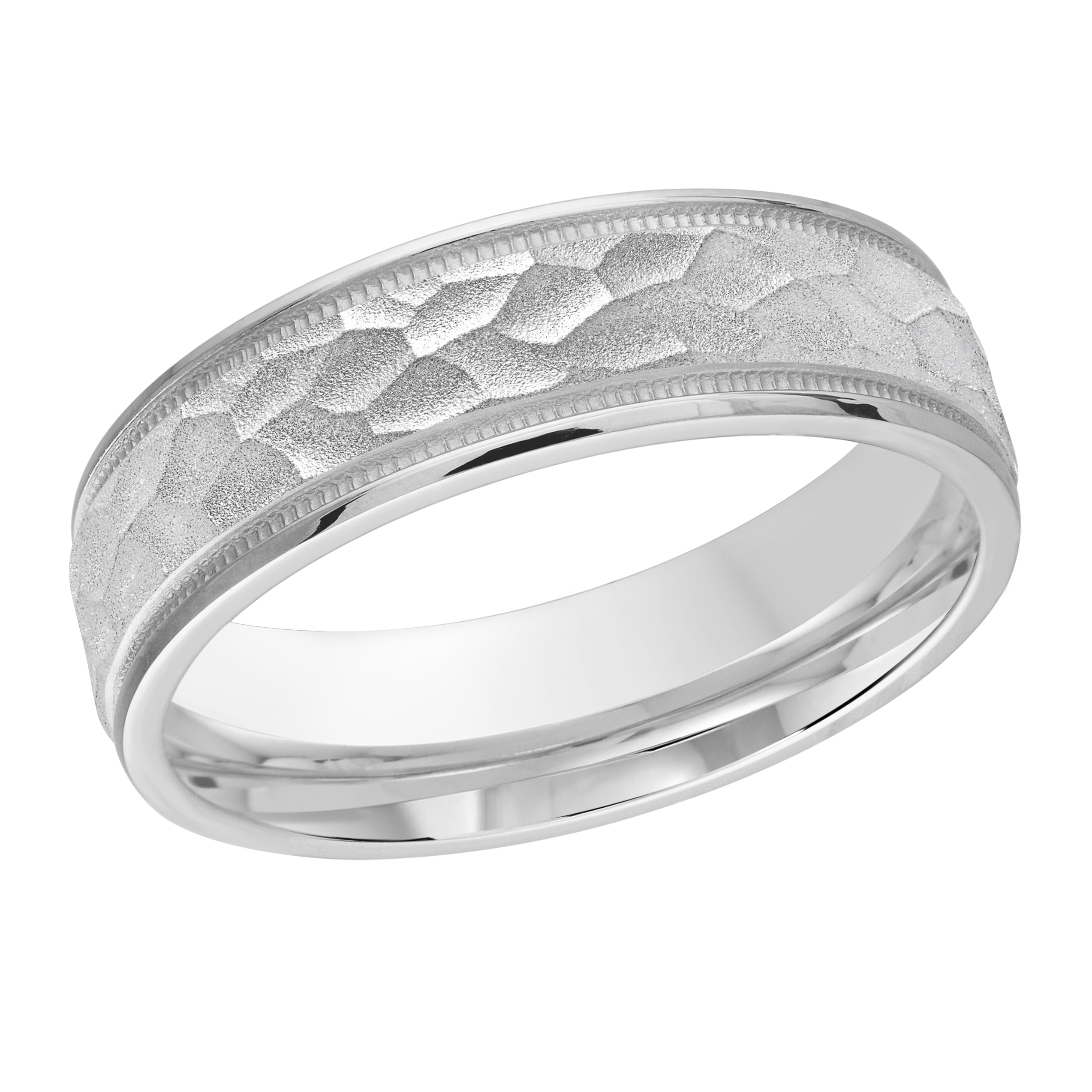 White Gold Men's Wedding Band Hammered Texture Center, Milgrain Edges, 6mm