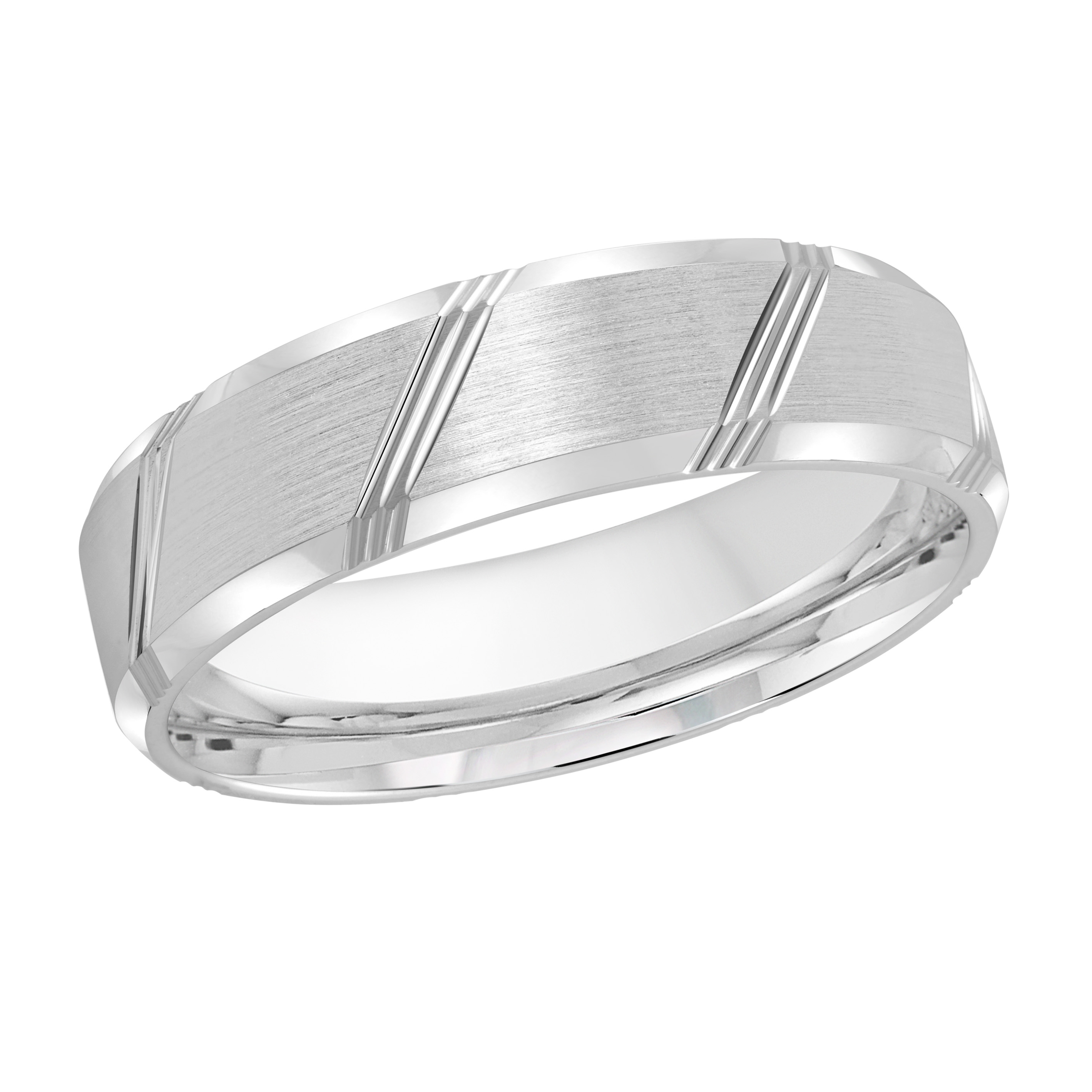 White Gold Men's Wedding Band Diagonal Stripe Brushed Satin Finish, Polished Edges, 6mm