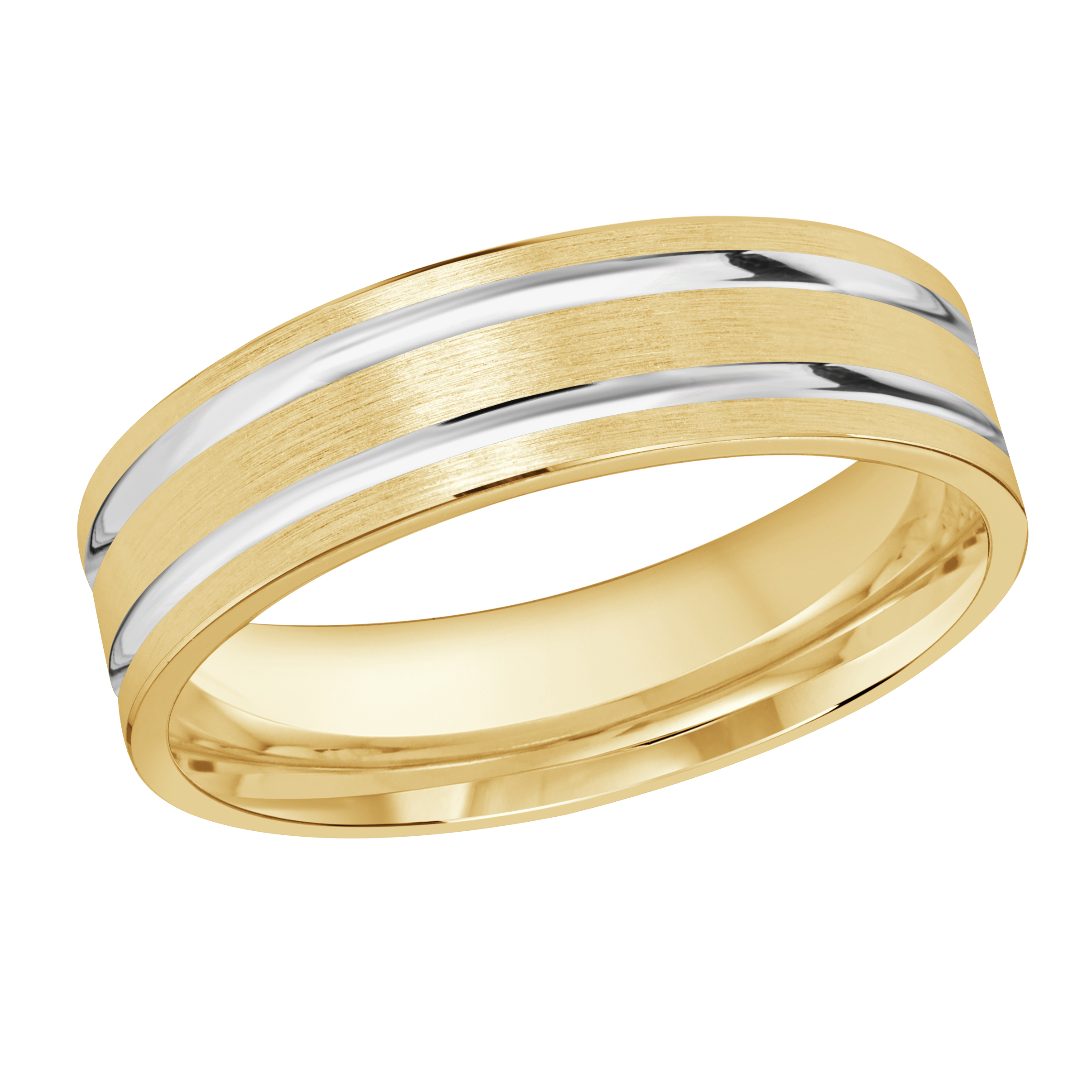 Two-tone Gold Men's Wedding Band Yellow Gold With White Gold Brushed Stripes, 6mm