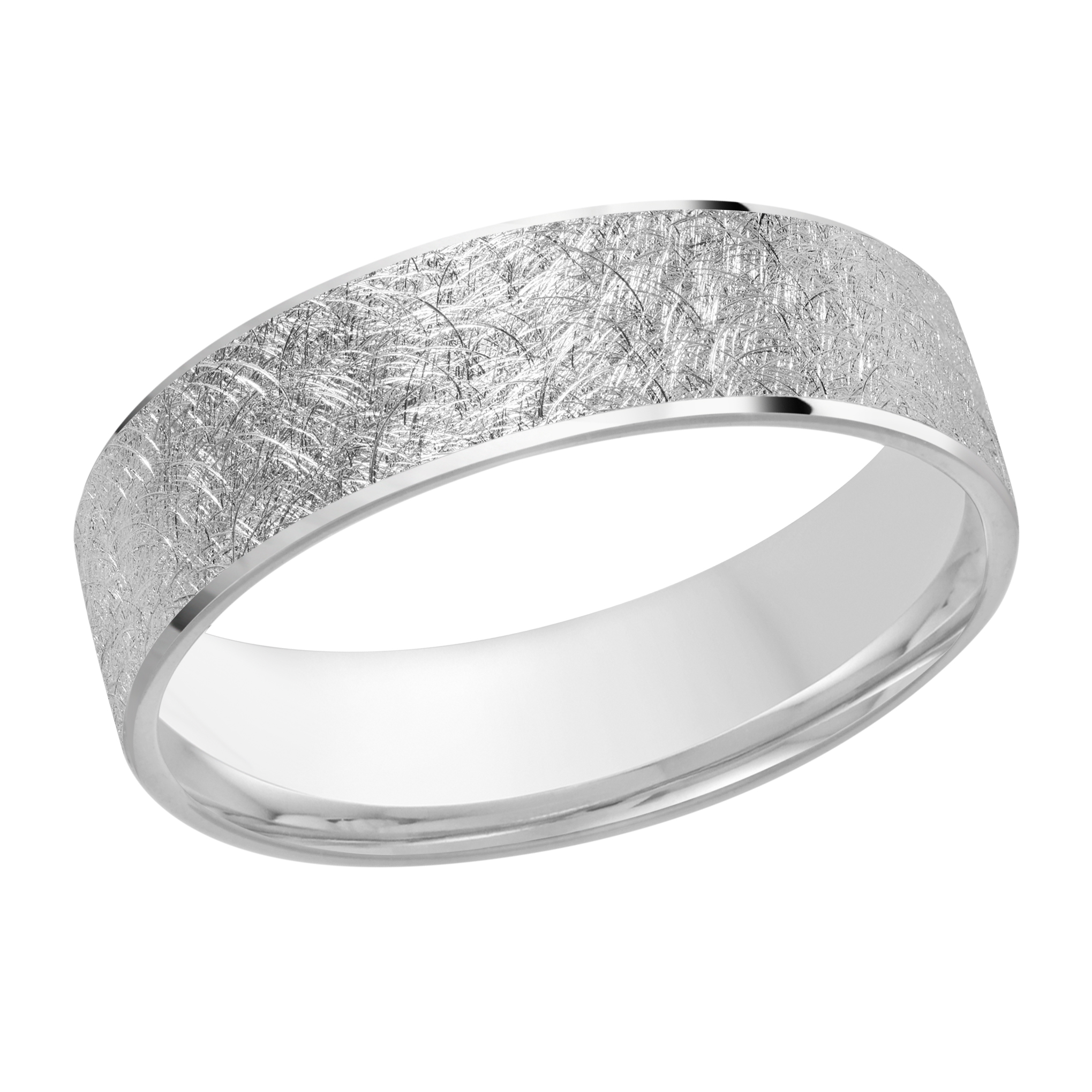 White Gold Men's Wedding Band Full Brushed Scratch Texture, Comfort Fit, 6mm