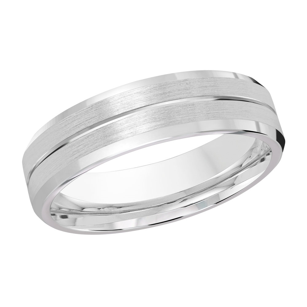 White Gold Men's Wedding Band Brushed Satin Center Stripe, Polished Grooves, 6mm