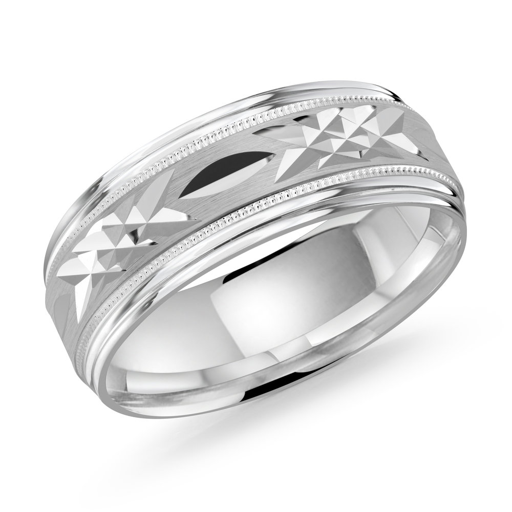 White Gold Men's Wedding Band Diamond-cut Geometric Pattern, Milgrain Edges, 8mm
