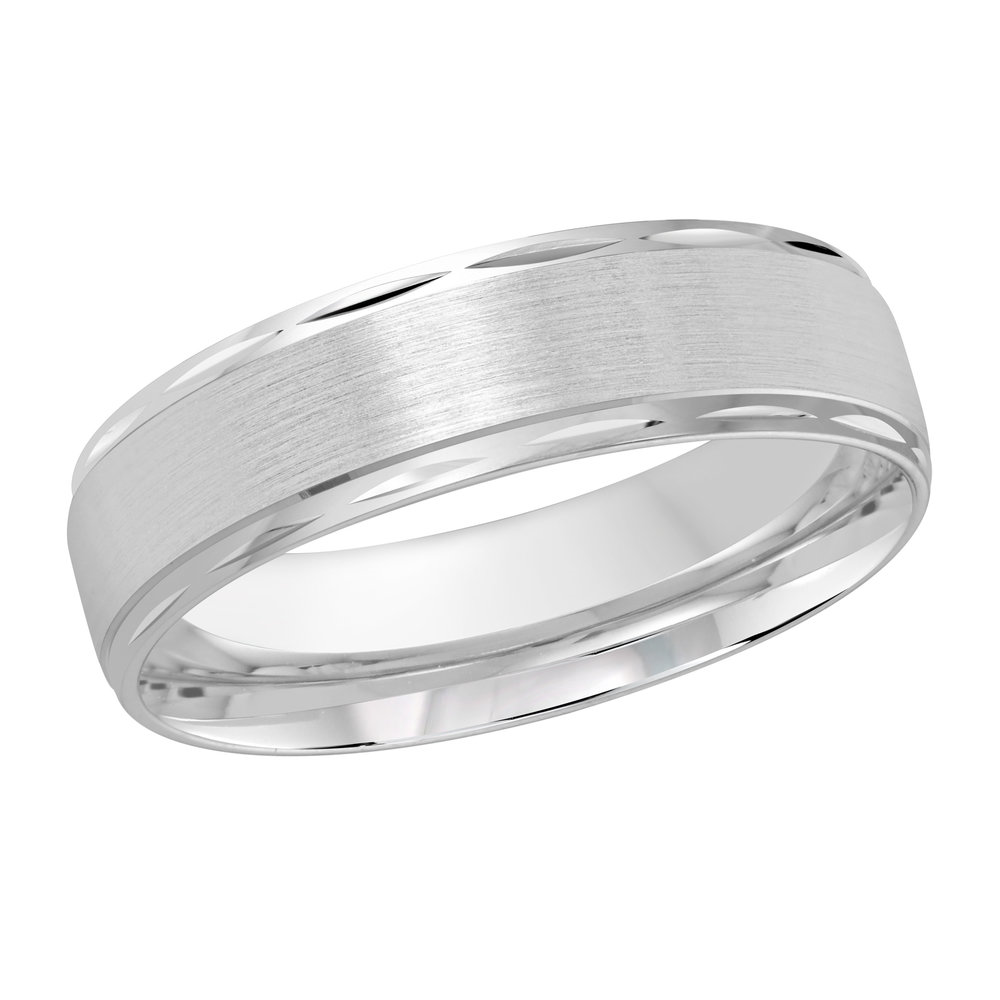 White Gold Men's Wedding Band Full Brushed Satin Finish, Polished Beveled Edges, 6mm