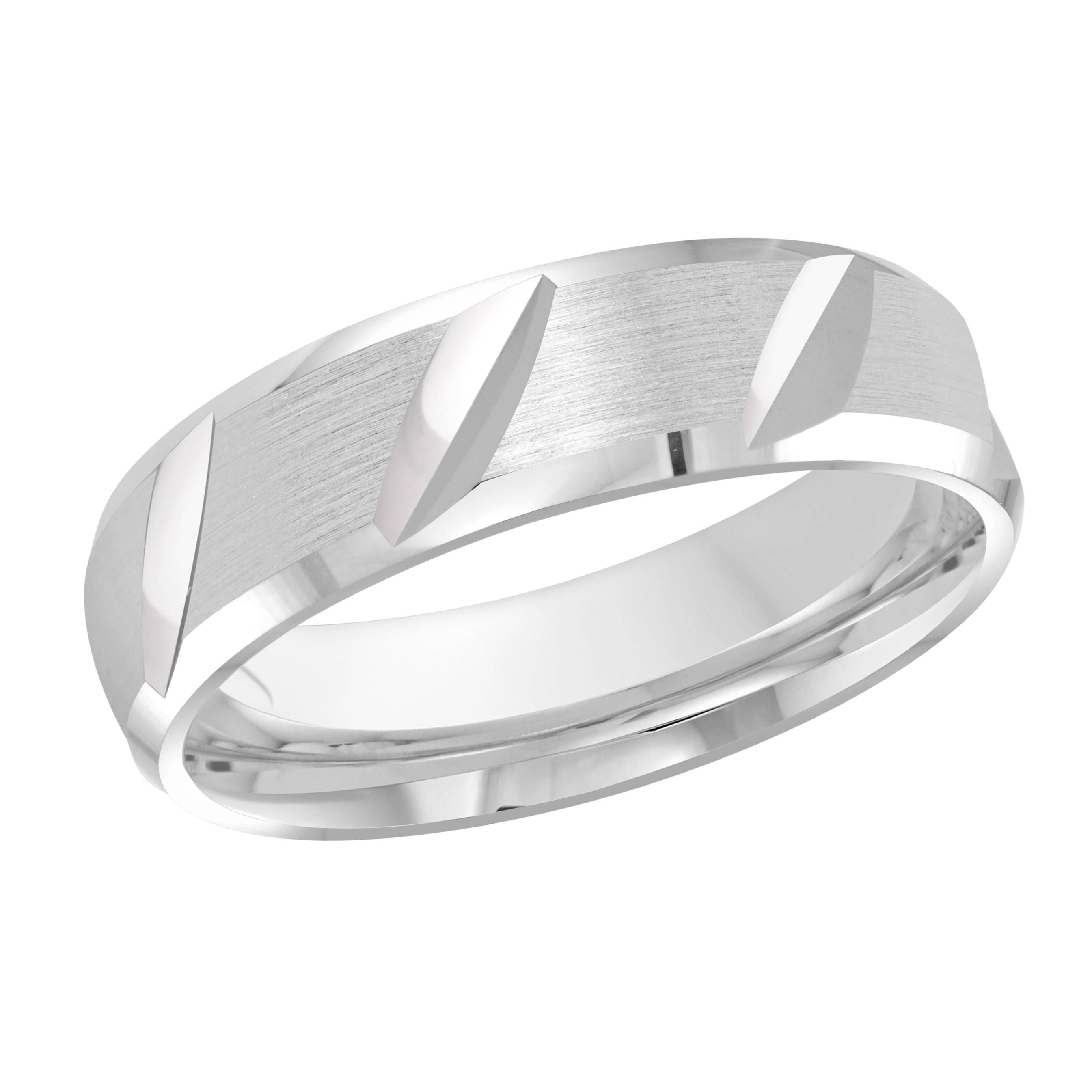 White Gold Men's Wedding Band Diamond-cut Faceted Brushed Finish, Polished Edges, 6mm