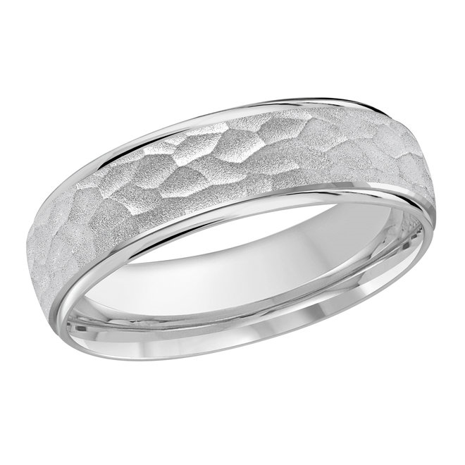 White Gold Men's Wedding Band Hammered Pebbled Center, Polished Edges, 6mm