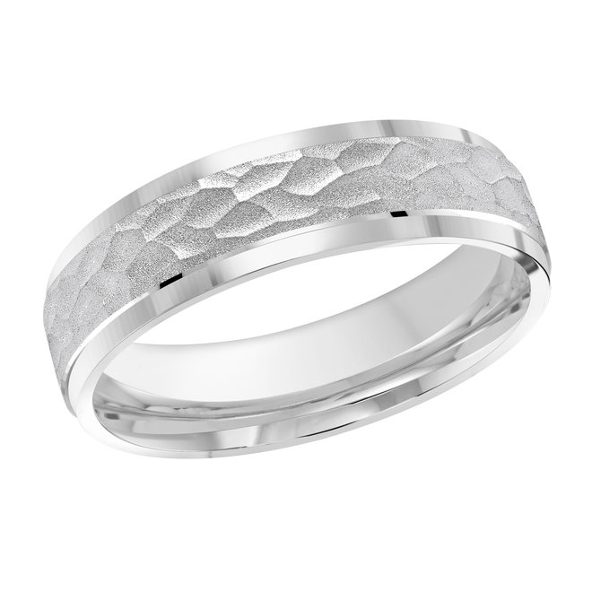 White Gold Men's Wedding Band Hammered Pebbled Center, Polished Edges, 6mm