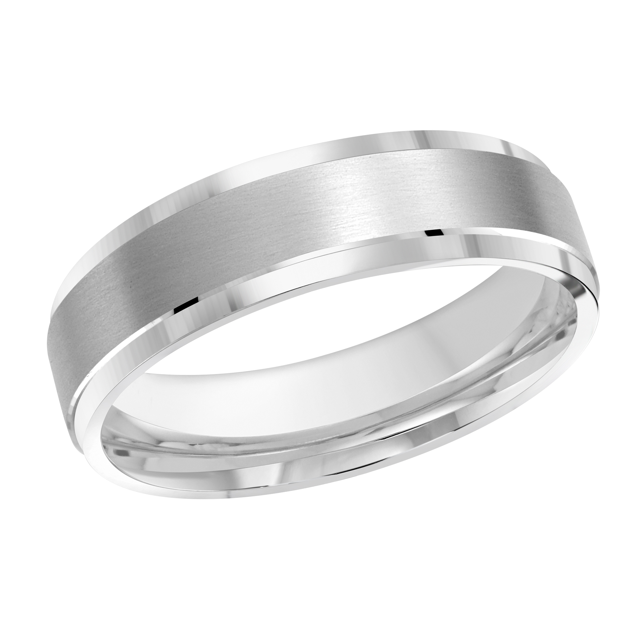 White Gold Men's Wedding Band Brushed Satin Center Stripe, Polished Grooves, 6mm