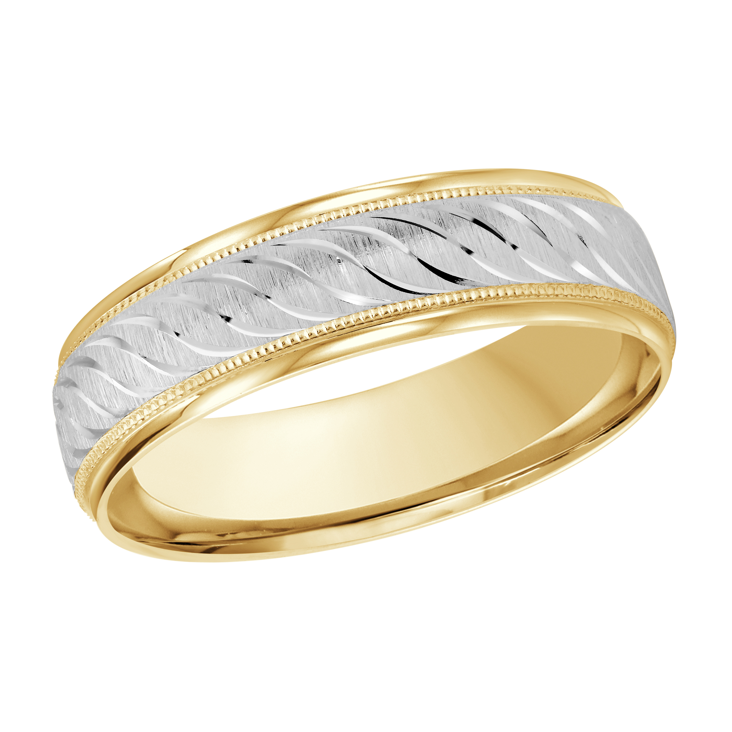 Two-tone Gold Men's Wedding Band Yellow Gold With White Gold Diamond-cut Center & Milgrain Edges, 6mm