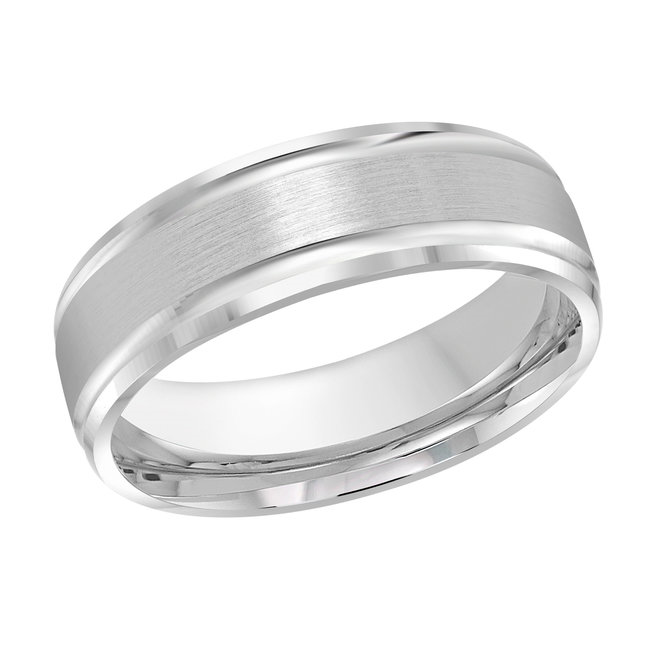 White Gold Men's Wedding Band Brushed Satin Center Stripe, Polished Edges, 7mm