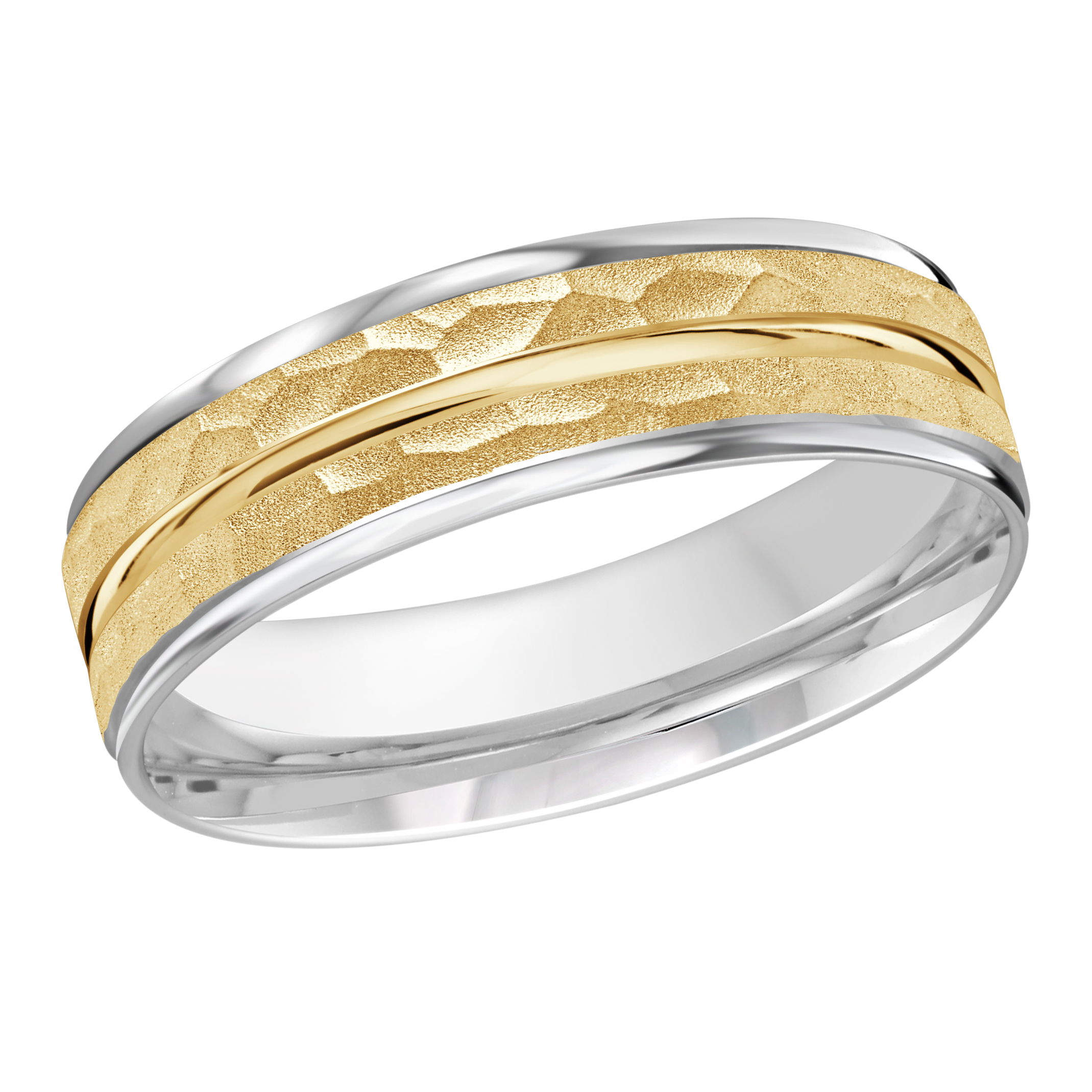 Two-tone Gold Men's Wedding Band Hammered Yellow Gold Center, White Gold Edges, 7mm