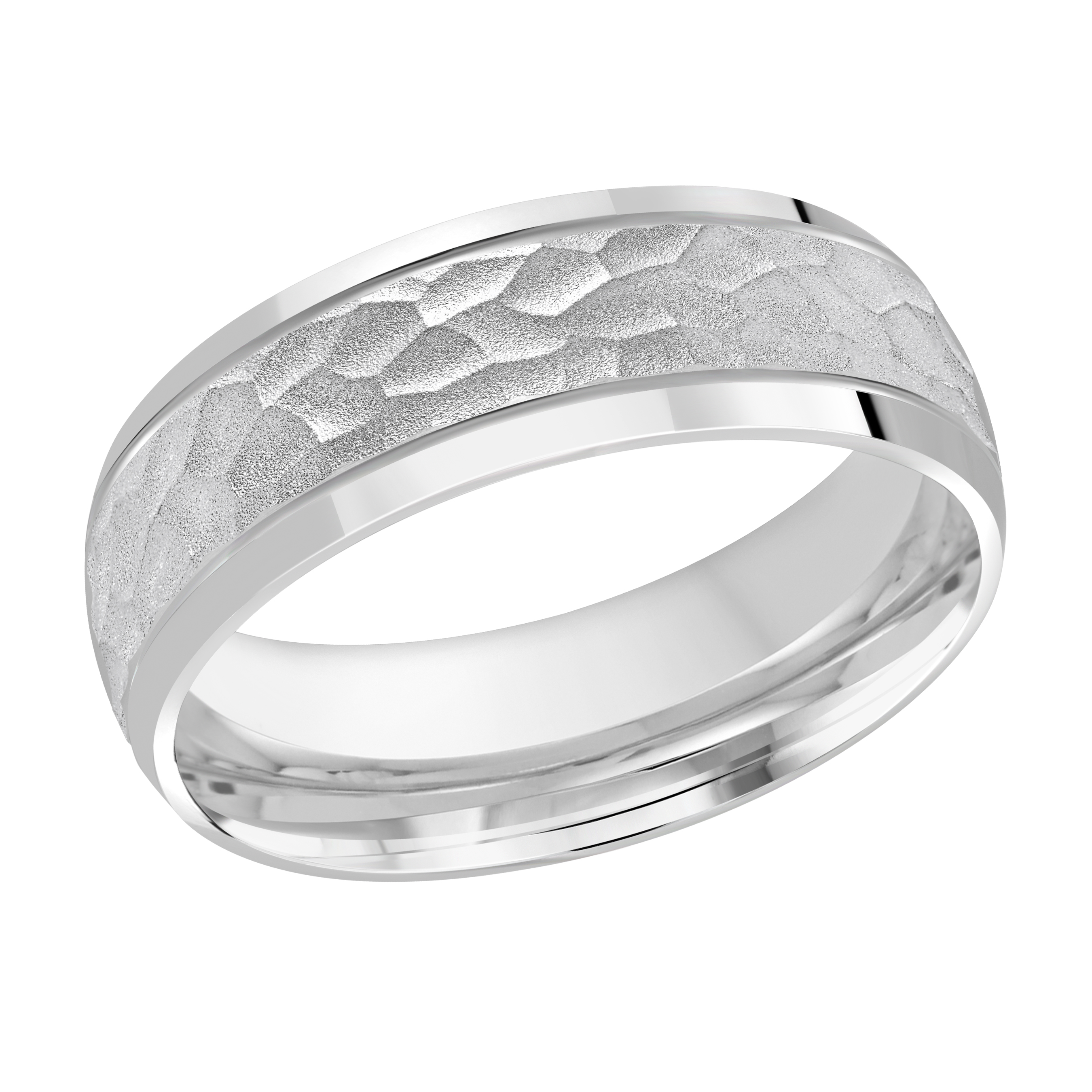 White Gold Men's Wedding Band Hammered Texture Center, Polished Edges, 7mm