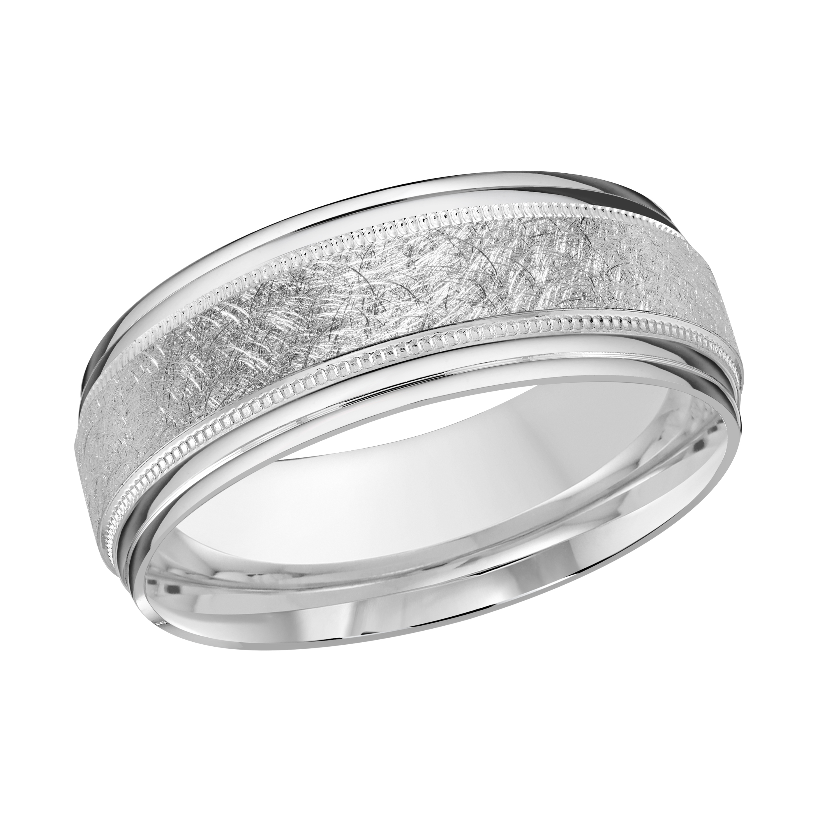 White Gold Men's Wedding Band Textured Bark Center, Milgrain Edges, 8mm