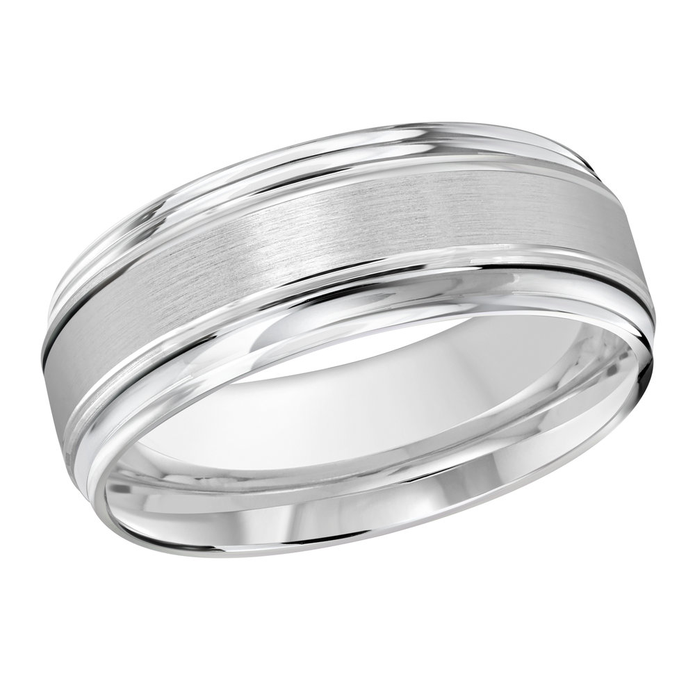 White Gold Men's Wedding Band Brushed Satin Center Stripe, Polished Grooves, 8mm