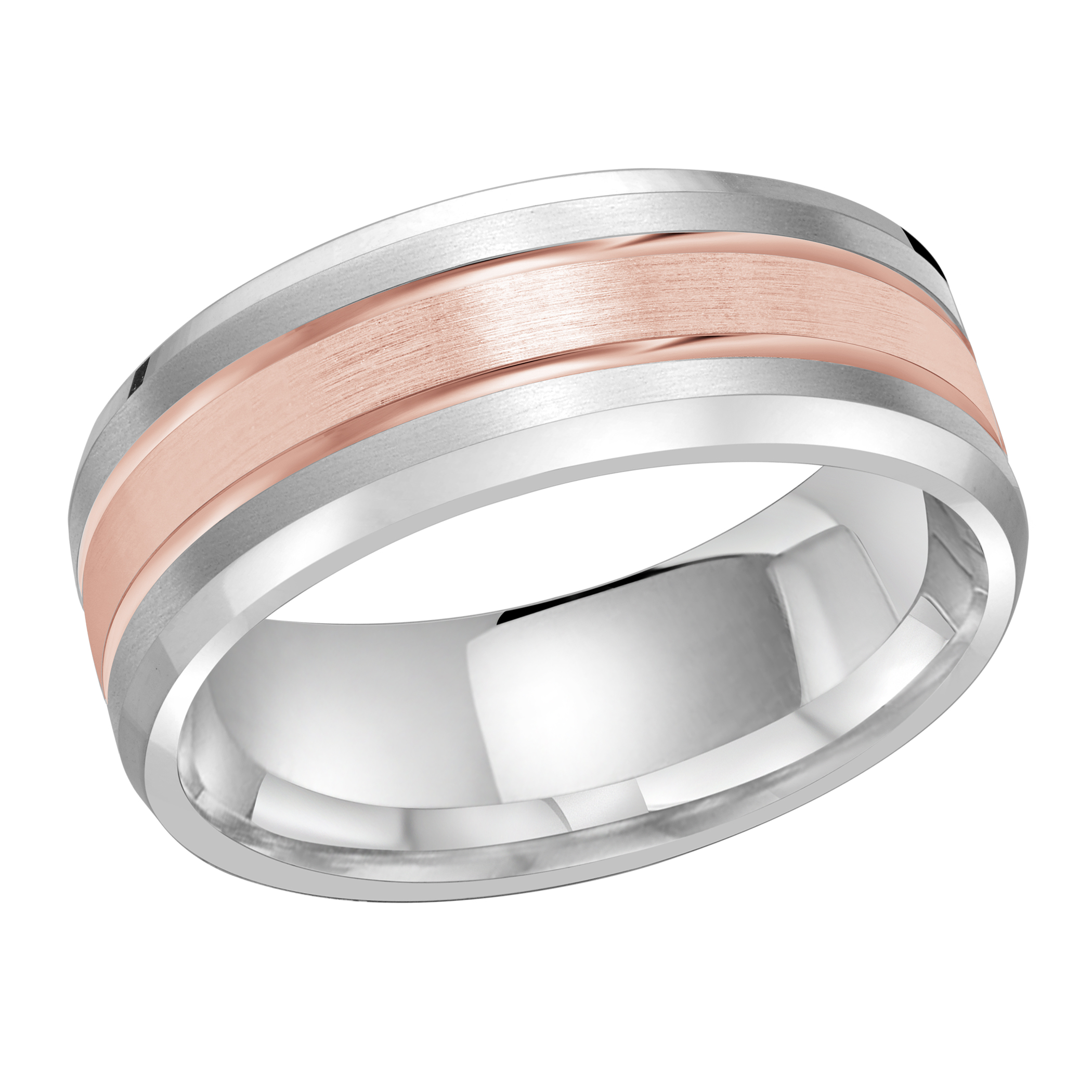 Two-tone White & Rose Gold Men's Wedding Band Brushed Rose Gold Center, 8mm
