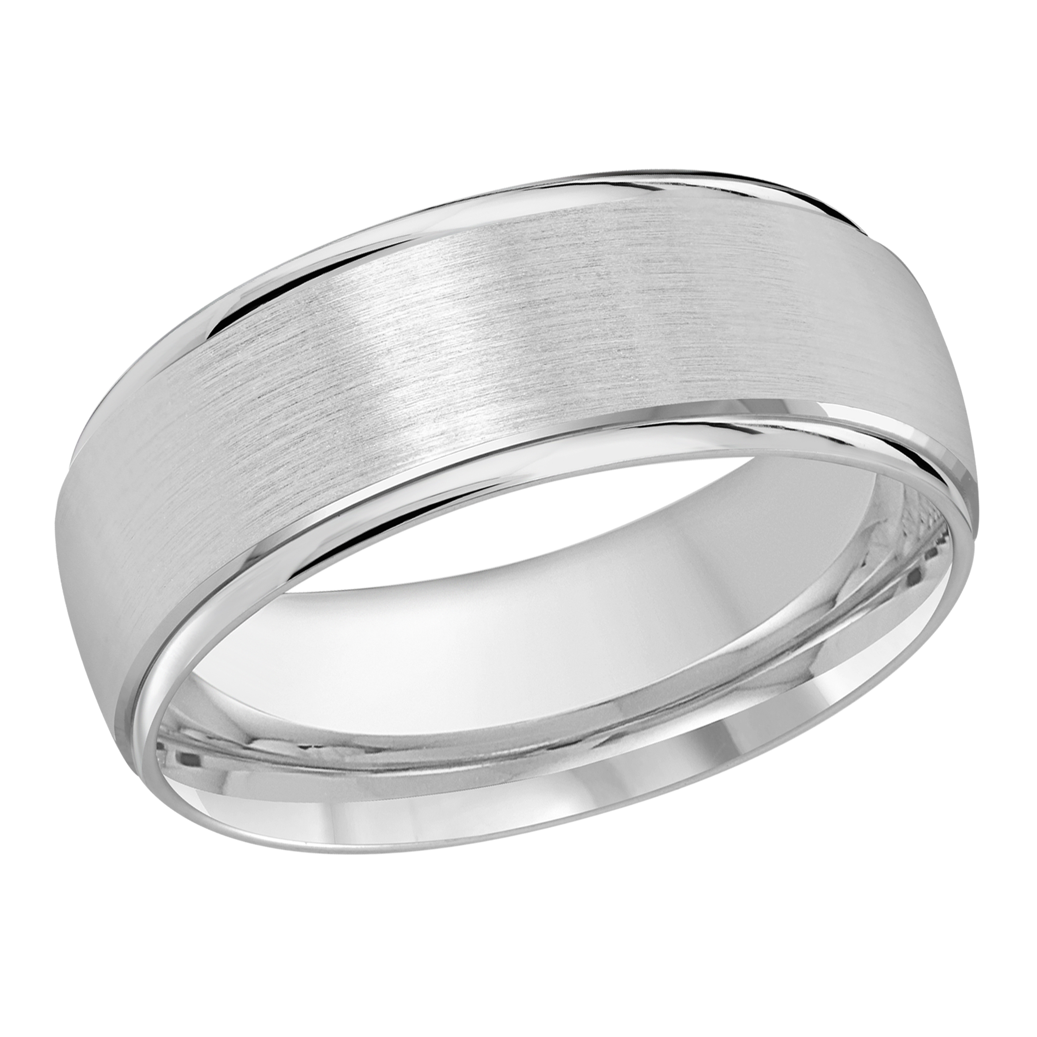 White Gold Men's Wedding Band Full Brushed Satin Finish, Polished Beveled Edges, 8mm