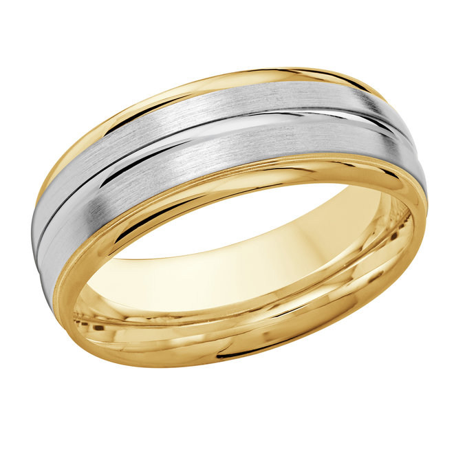 Two-tone Yellow & White Gold Men's Wedding Band Dual Brushed White Gold Stripes, 8mm