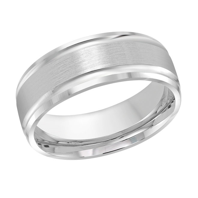 White Gold Men's Wedding Band Brushed Satin Center Stripe, Polished Edges, 8mm
