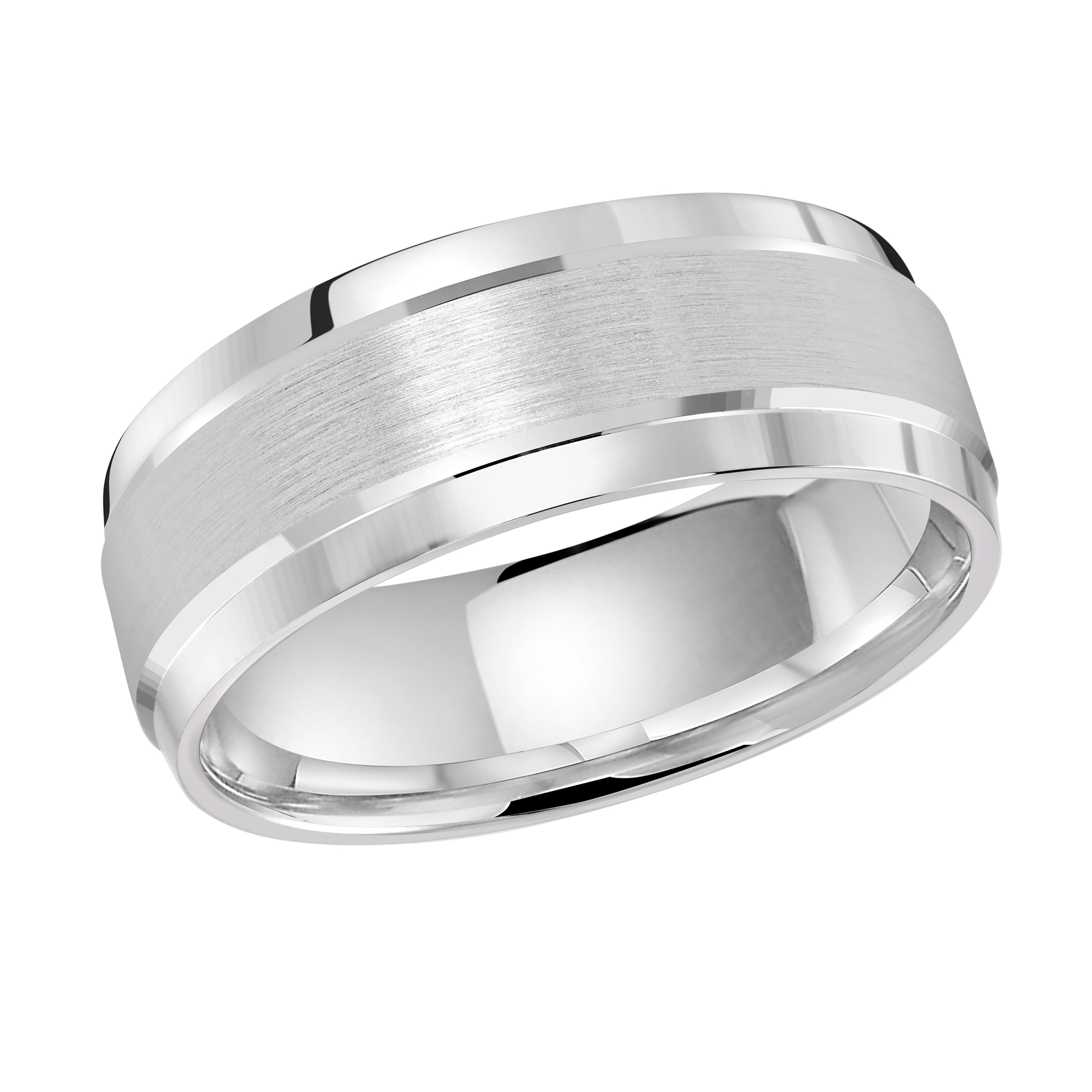 White Gold Men's Wedding Band Brushed Center Stripe, Polished Channels, 8mm