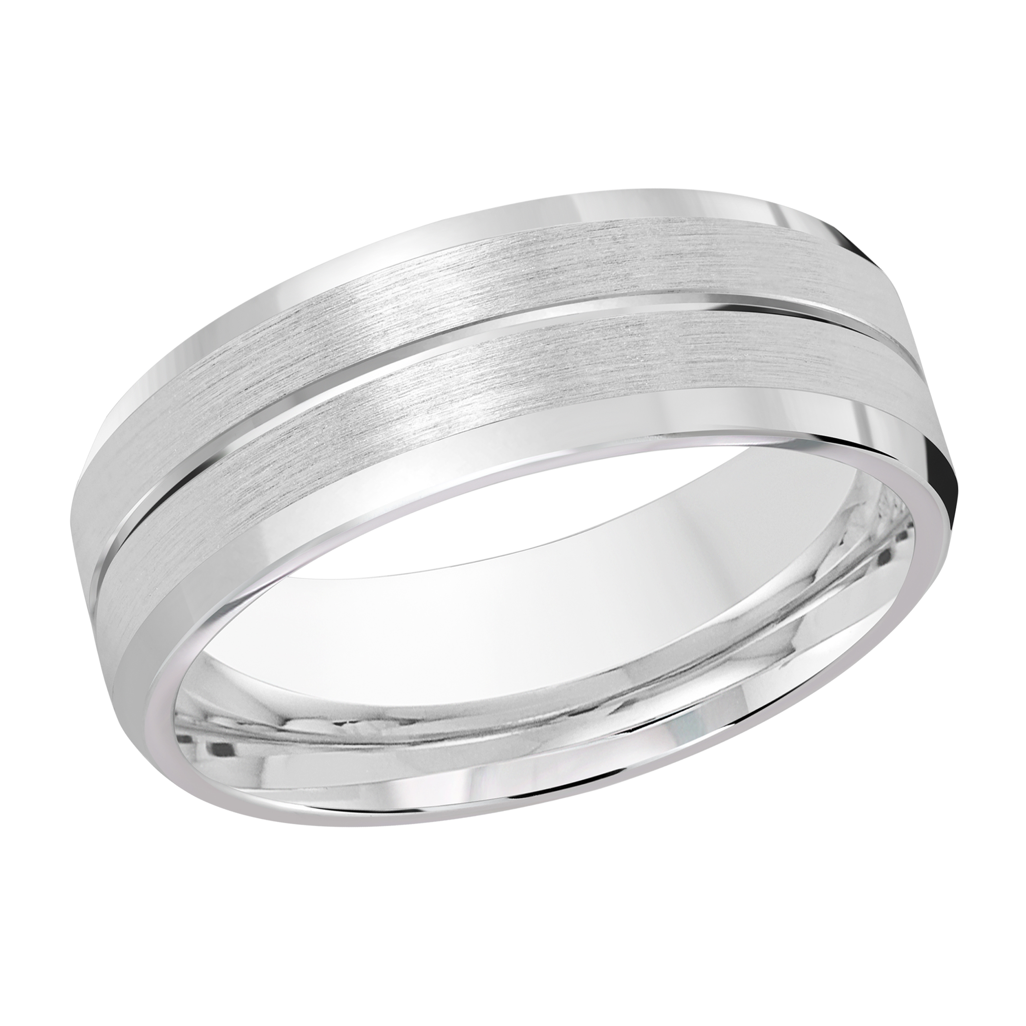 White Gold Men's Wedding Band Dual Brushed Satin Stripes, Polished Center, 8mm
