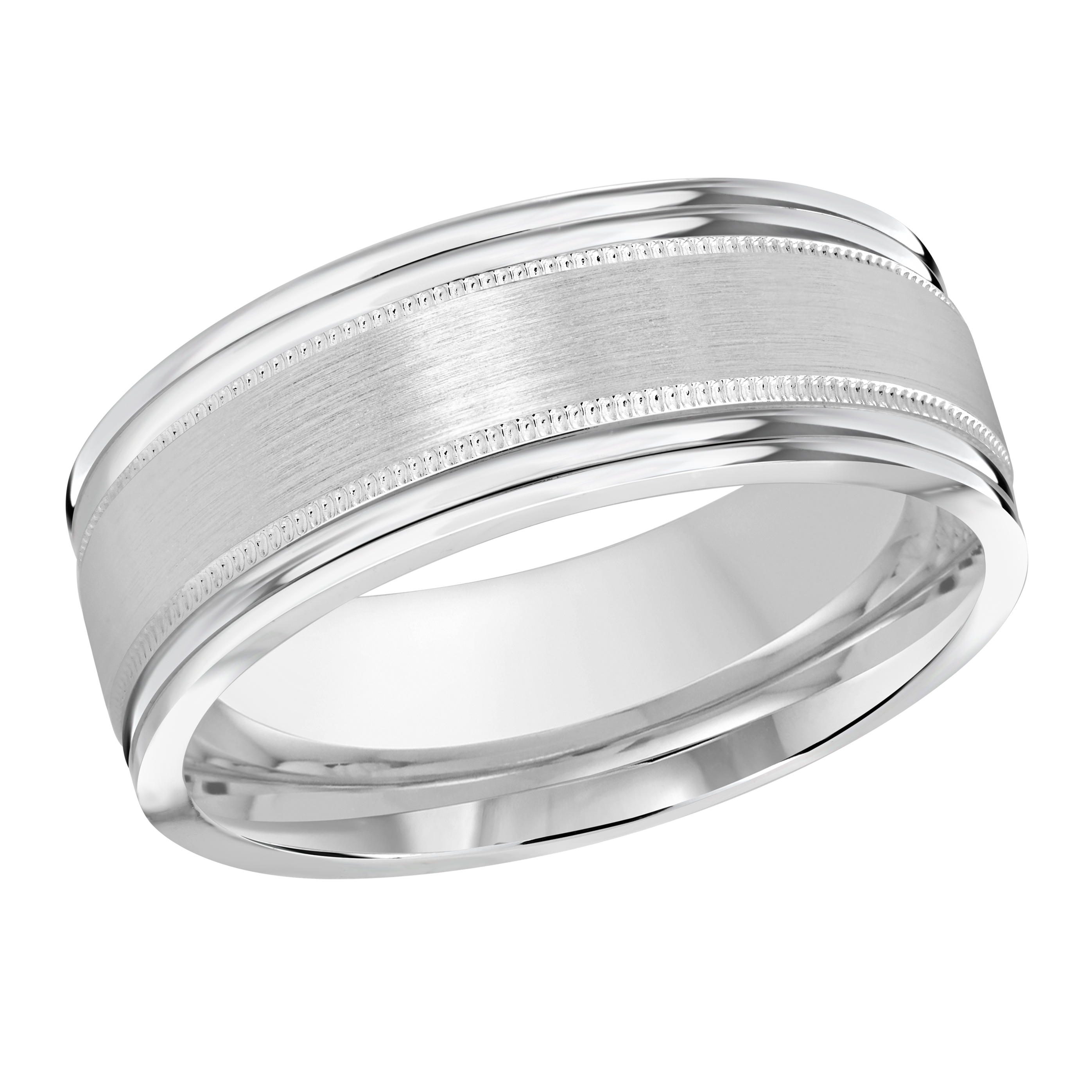 White Gold Men's Wedding Band Brushed Satin Center, Milgrain Edges, 8mm
