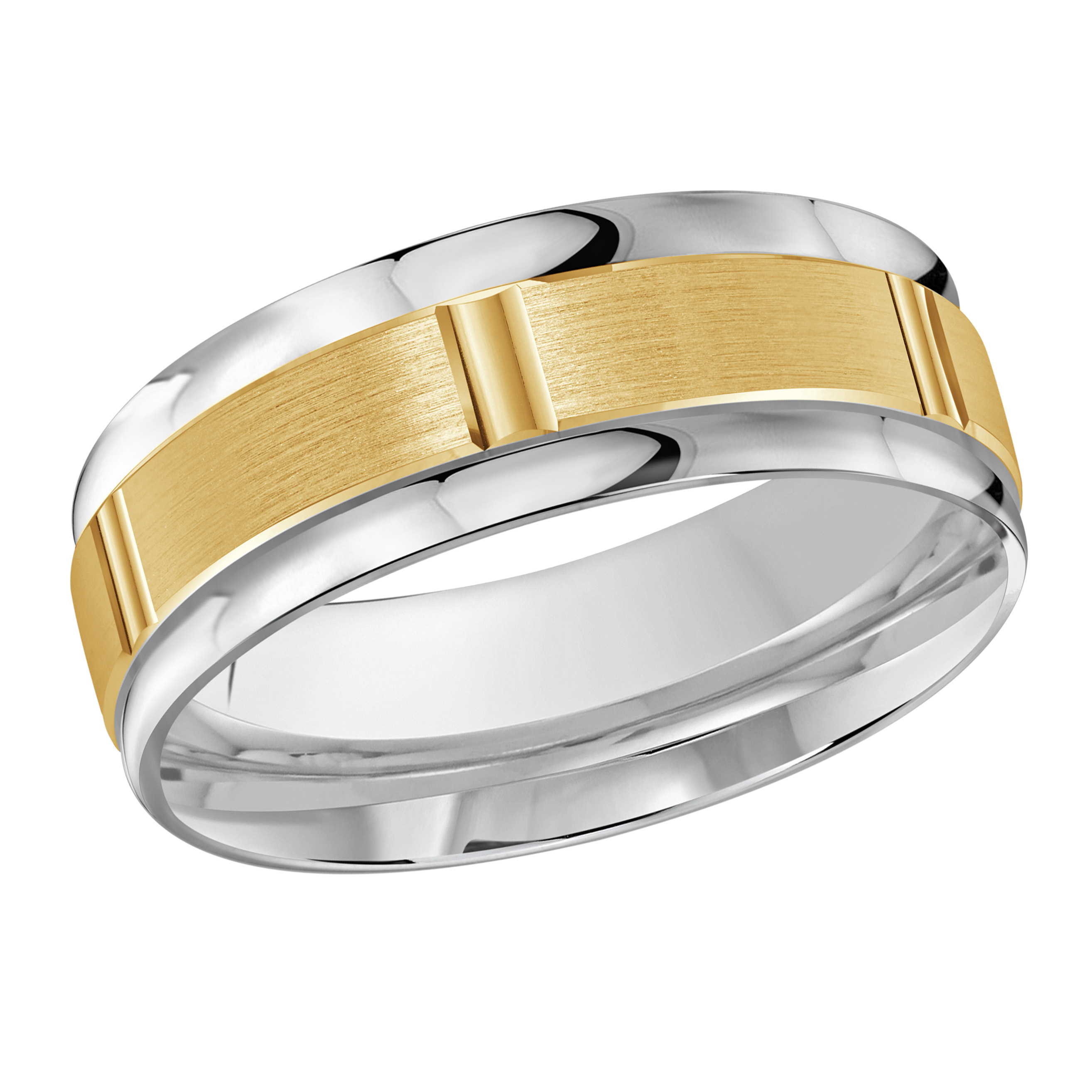 Two-tone Yellow & White Gold Men's Wedding Band Brushed Yellow Center, Polished Rail Edges, 8mm