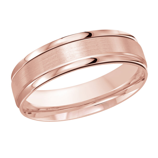 Rose Gold Men's Wedding Band Full Brushed Satin Finish, Polished Beveled Edges, 6mm