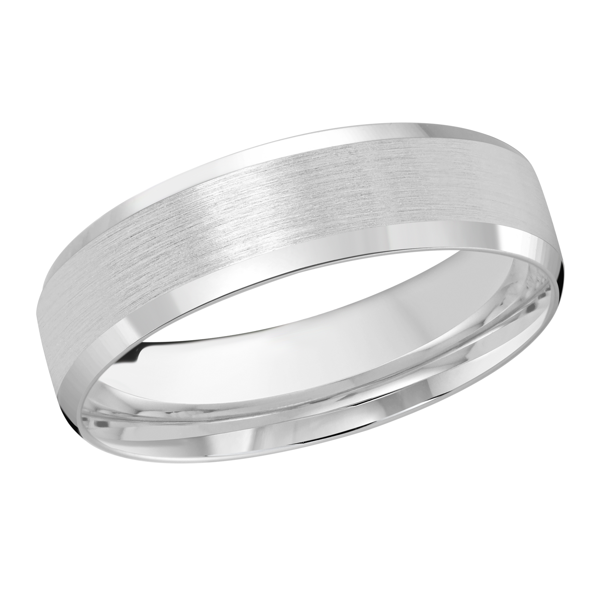 White Gold Men's Wedding Band Full Brushed Satin Finish, Polished Beveled Edges, 6mm
