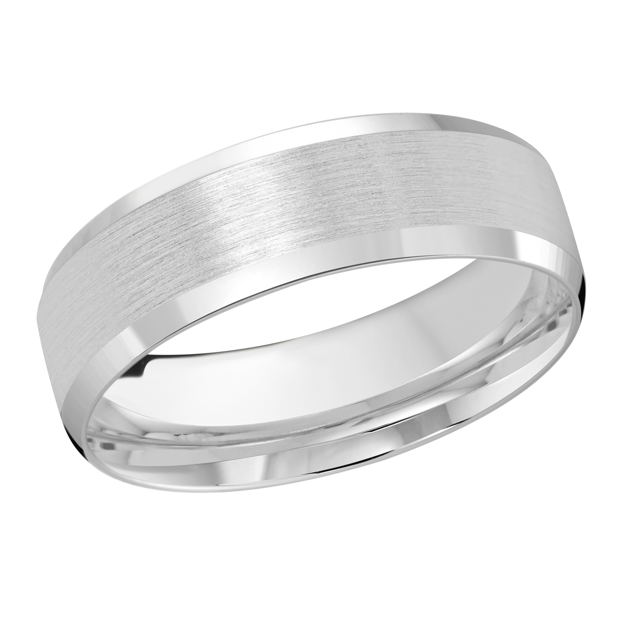 White Gold Men's Wedding Band Full Brushed Satin Finish, Polished Beveled Edges, 7mm