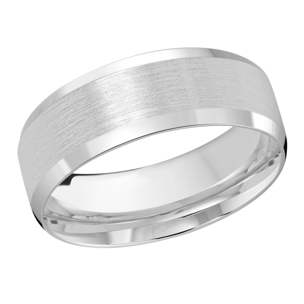 White Gold Men's Wedding Band Full Brushed Satin Finish, Polished Beveled Edges, 8mm itemprop=