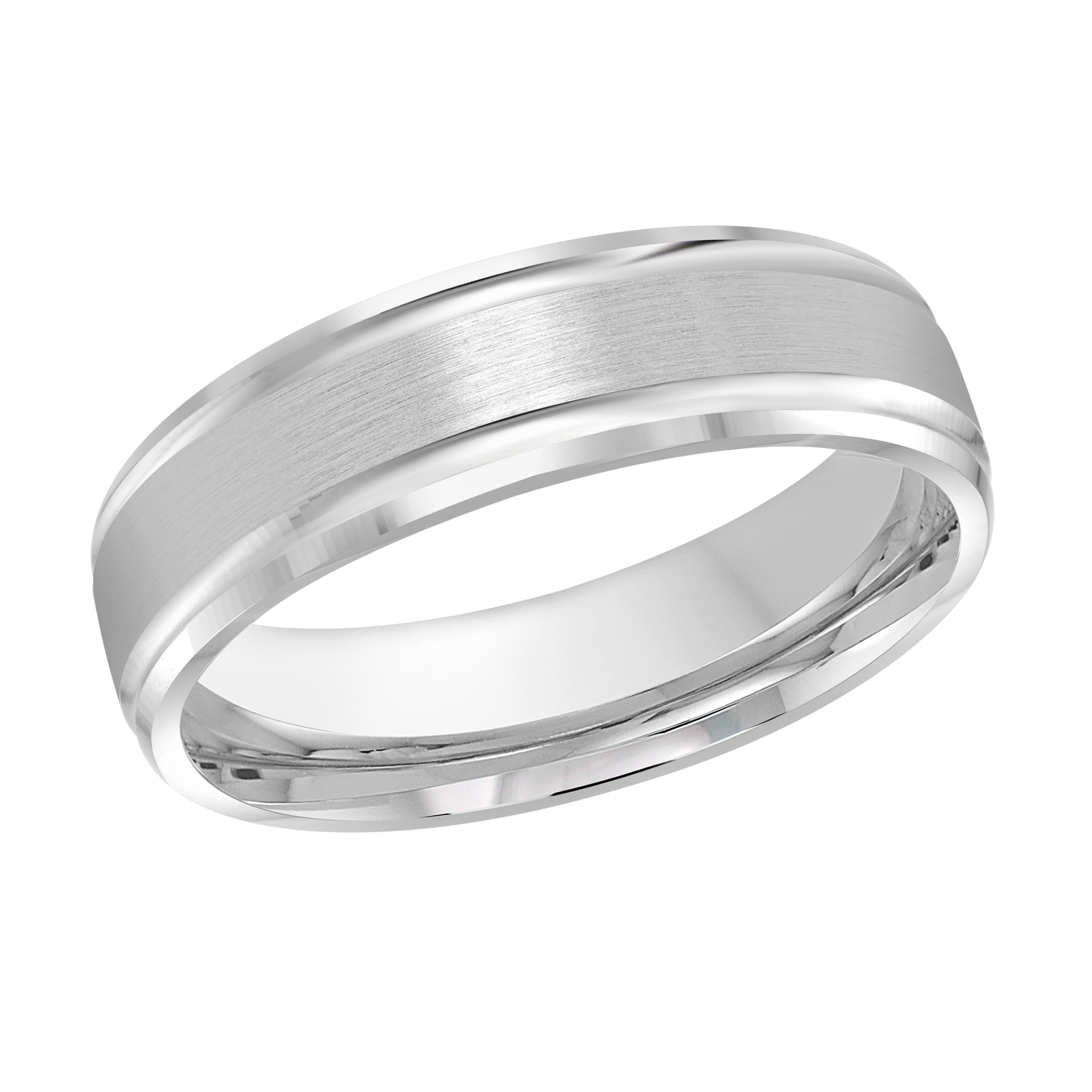 White Gold Men's Wedding Band Brushed Satin Center Stripe, Polished Edges, 6mm itemprop=