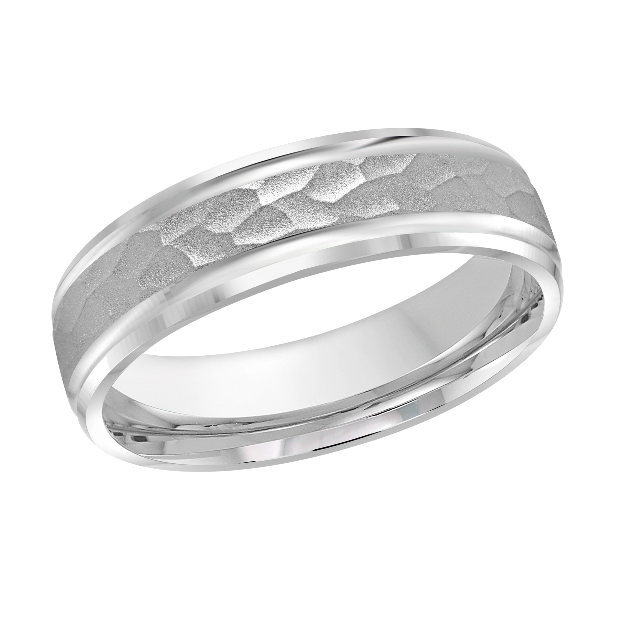 White Gold Men's Wedding Band Hammered Pebbled Center, Polished Edges, 6mm itemprop=