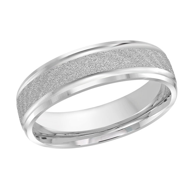 White Gold Men's Wedding Band Textured Frosted Center, Polished Edges, 6mm itemprop=