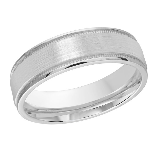 White Gold Men's Wedding Band Brushed Satin Center, Milgrain Edges, 6mm itemprop=