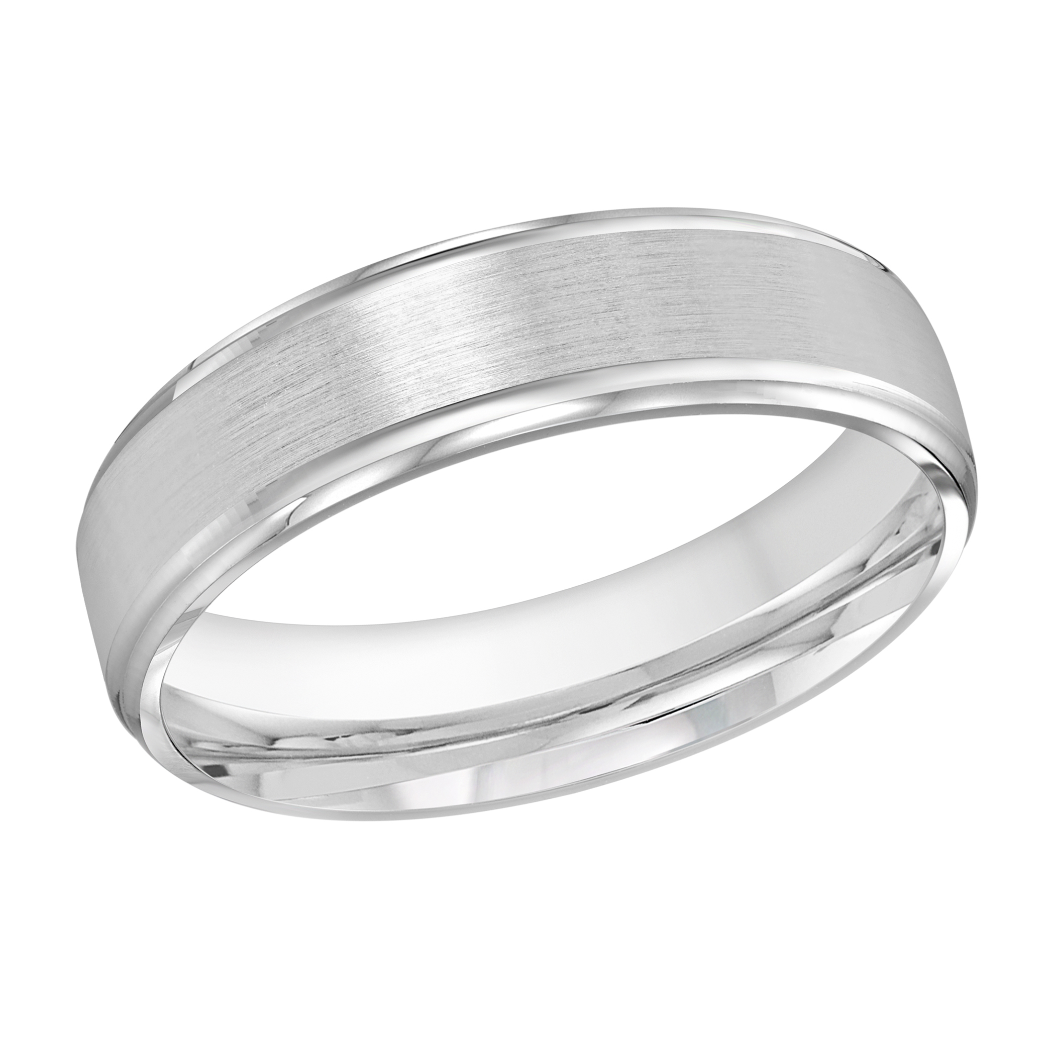 White Gold Men's Wedding Band Full Brushed Satin Finish, Polished Beveled Edges, 6mm itemprop=