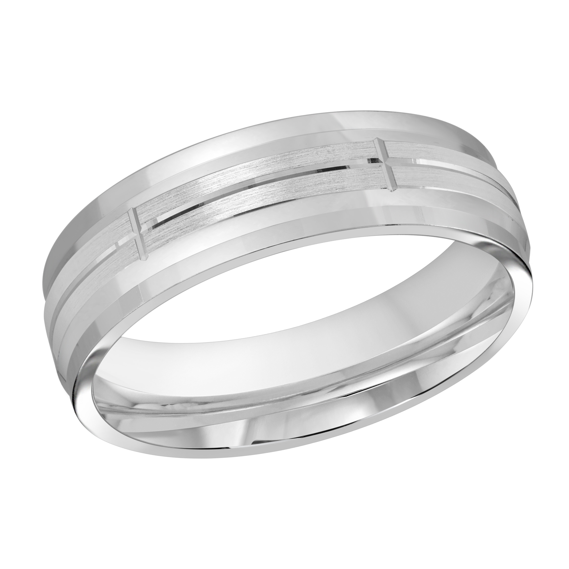 White Gold Men's Wedding Band Brushed Satin Center, Polished Rail Design, 6mm itemprop=