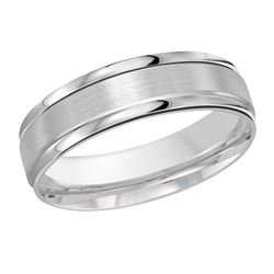 White Gold Men's Wedding Band Brushed Center Stripe, Polished Grooves, 6mm itemprop=