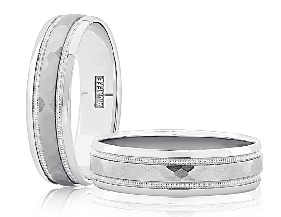 Hammered And Milgrain Detail Classic Wedding Band 6mm White Gold