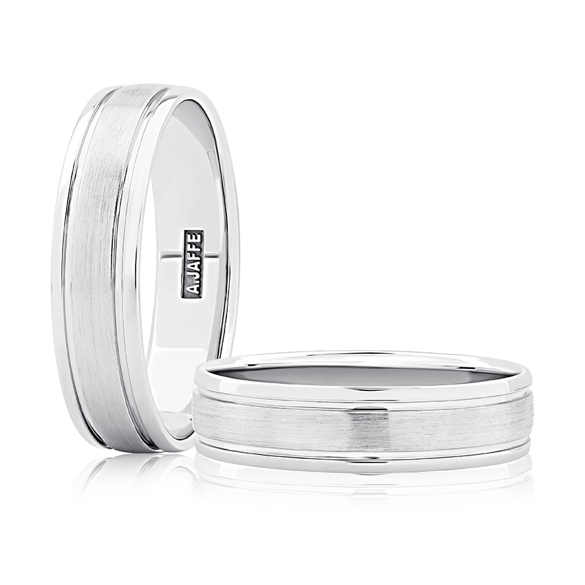 Modern Sandblast Step Edged Men's Wedding Band 5.6mm White Gold