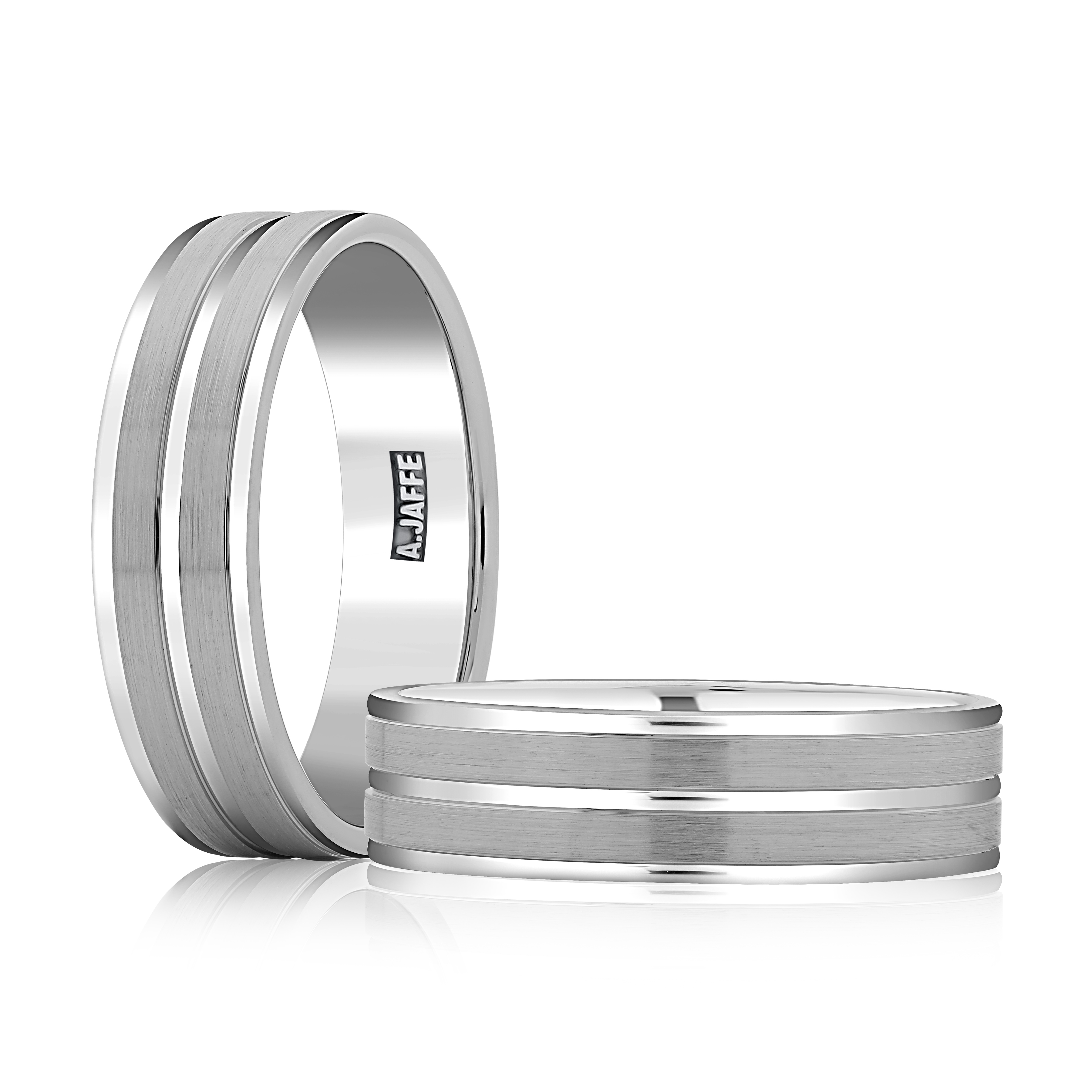 White Gold Men's Wedding Band Dual Brushed Satin Stripes, Polished Grooves 6.5mm