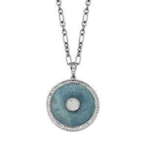 Sterling Silver Genuine Milky Aquamarine Circle 20x6x3mm & Genuine White Topaz, With Extendable Cable Chain