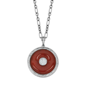 Sterling Silver Genuine Red Agate Circle 20x6x3mm & Genuine White Topaz With Extendable Cable Chain