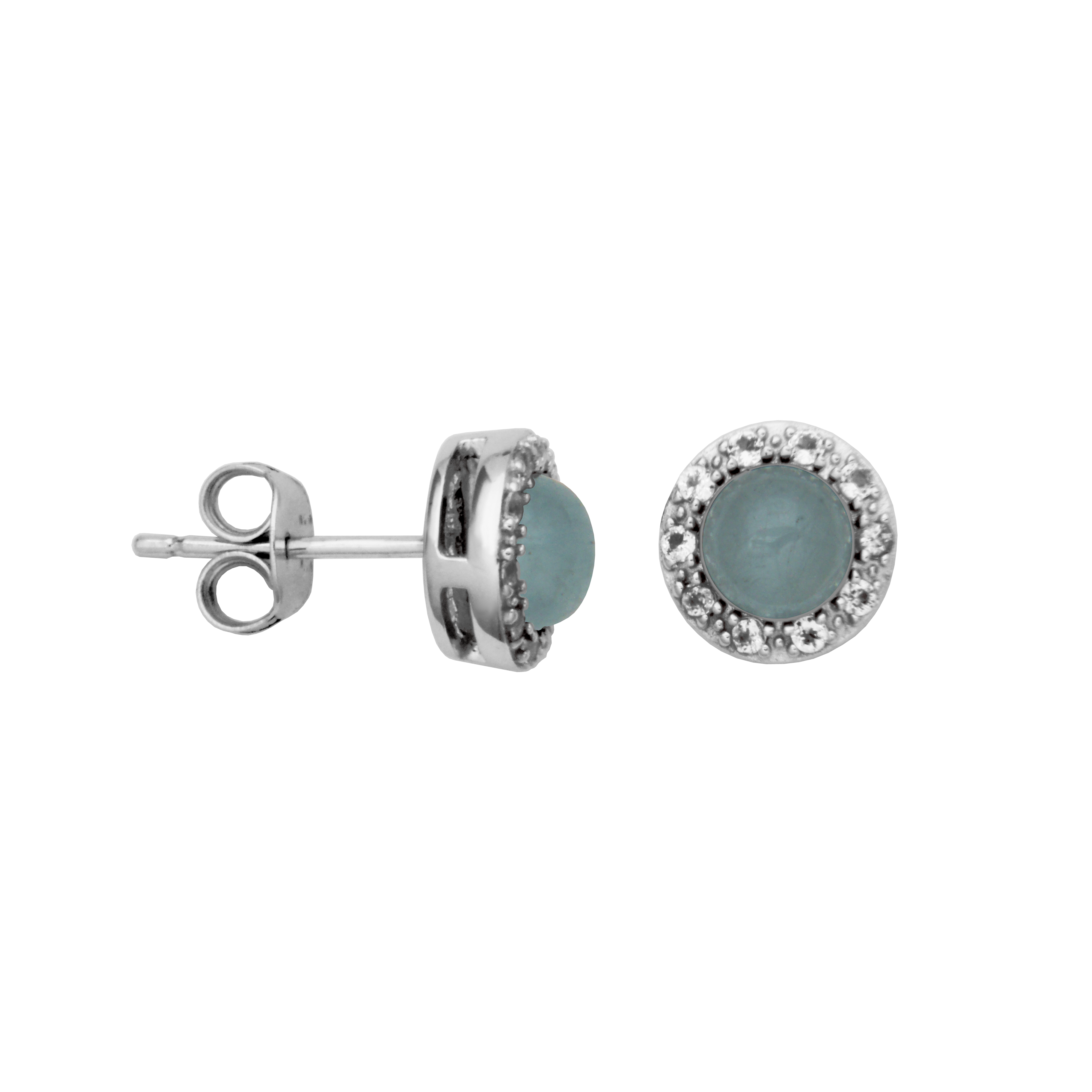 Ss Rhod Pltd Genuine Milky Aquamarine Rd 5mm & White Topaz Post Earring