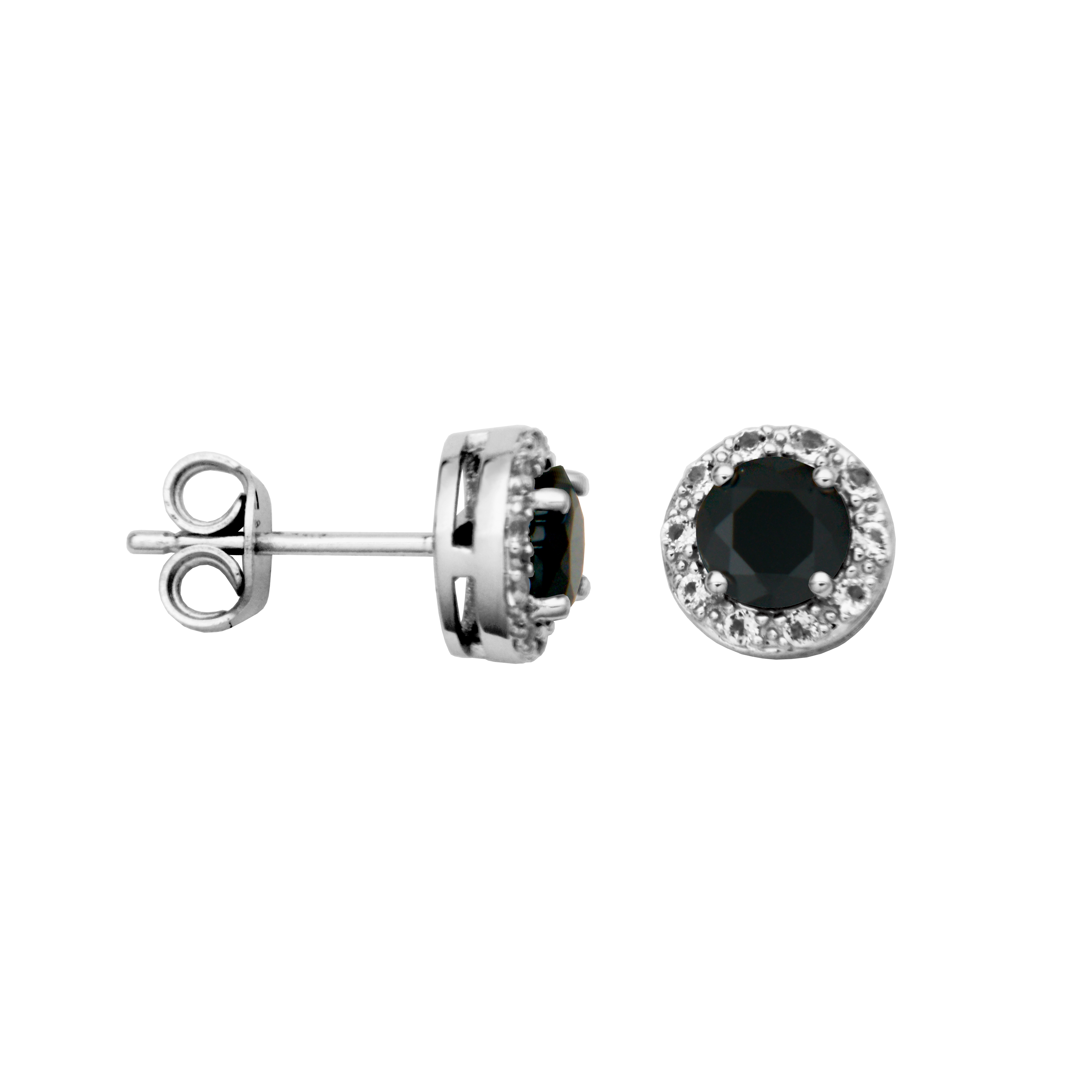 Ss Rhod Pltd Genuine Black Spinel Rd 5mm & White Topaz Post Earring
