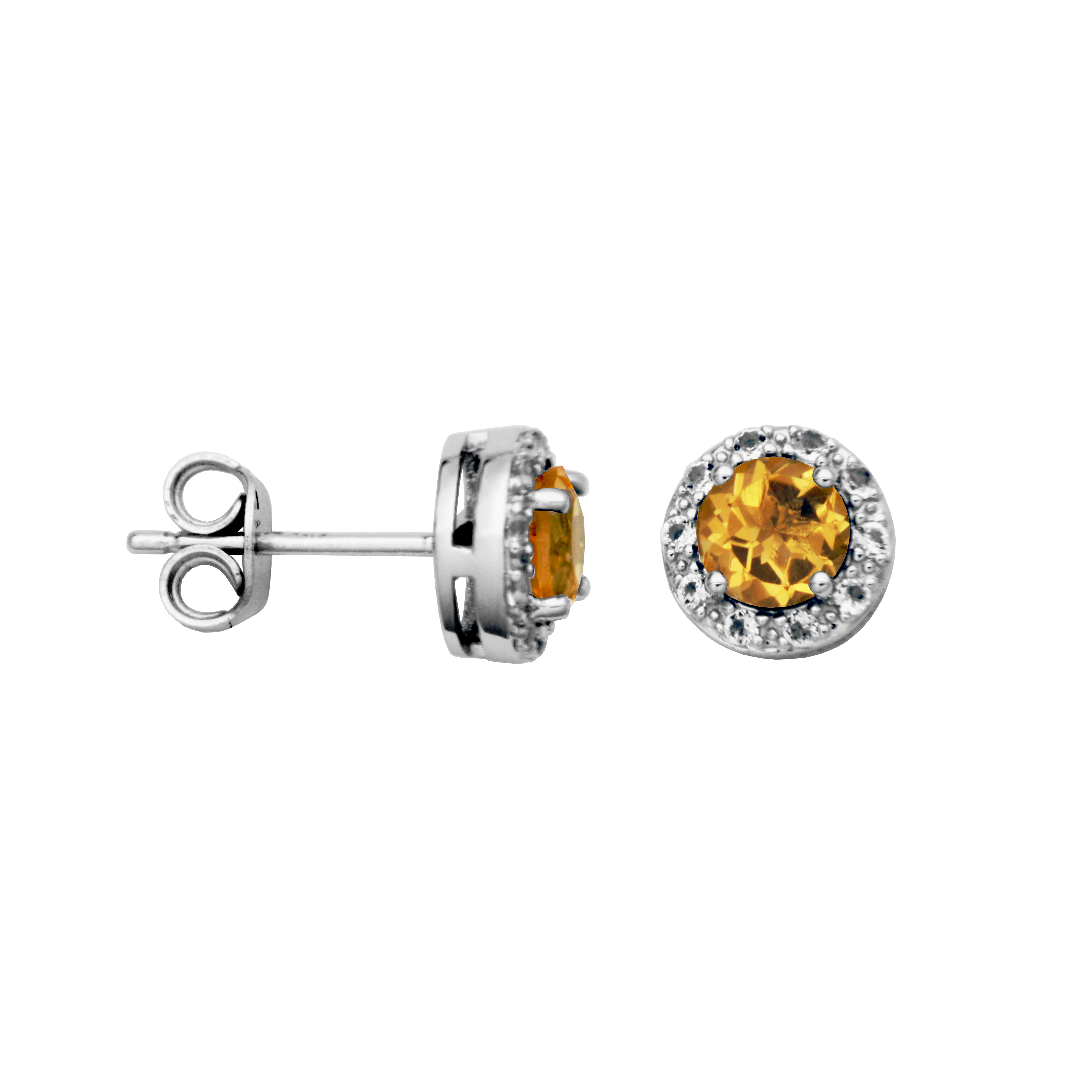 Ss Rhod Pltd Ear Genuine Citrine Rd 5mm & White Topaz Post Earring