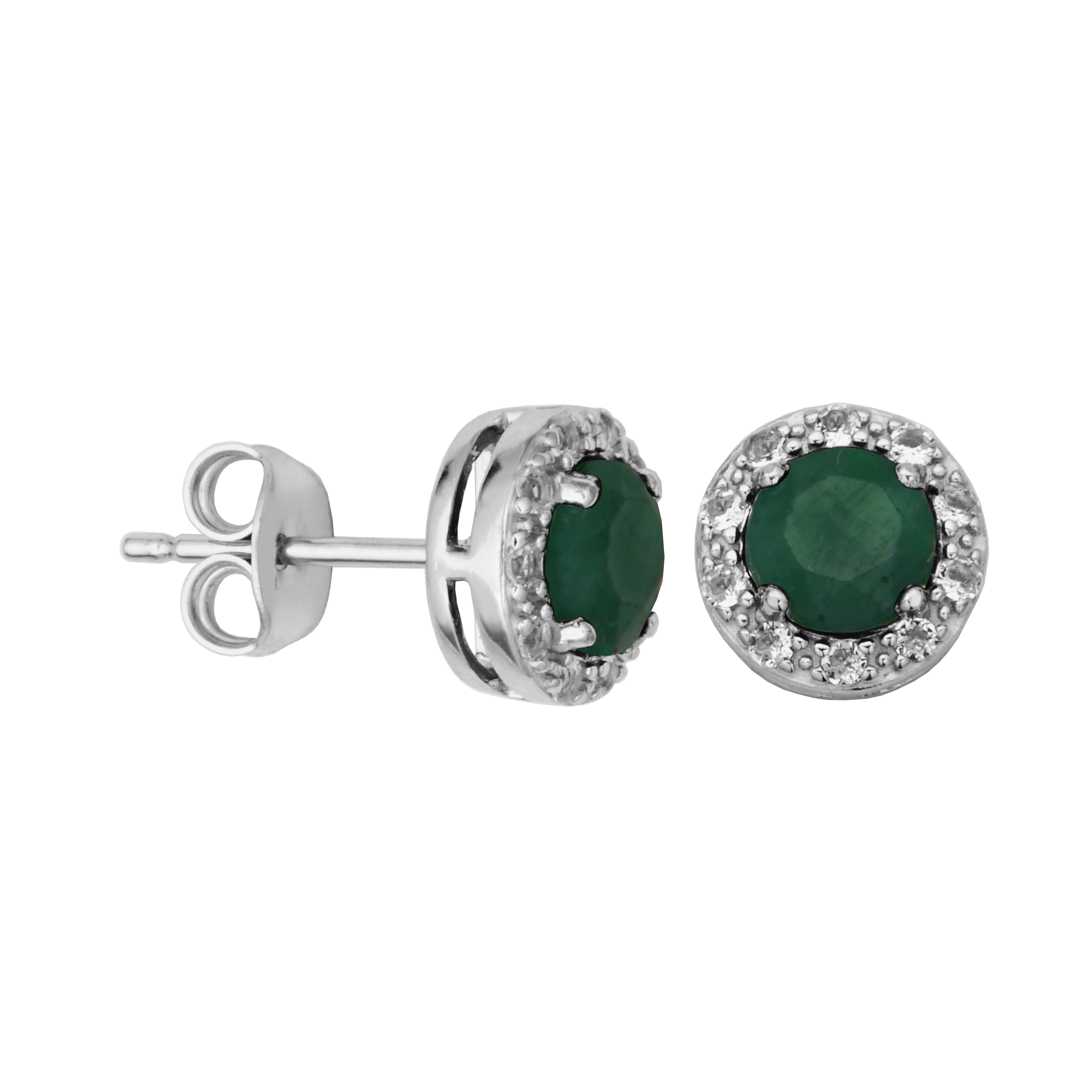 Ss Rhod Pltd  Dyed Green Corundum Rd 5mm & White Topaz Post Earring