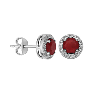 Ss Rhod Pltd  Dyed Red Corundum Rd 5mm & White Topaz Post Earring