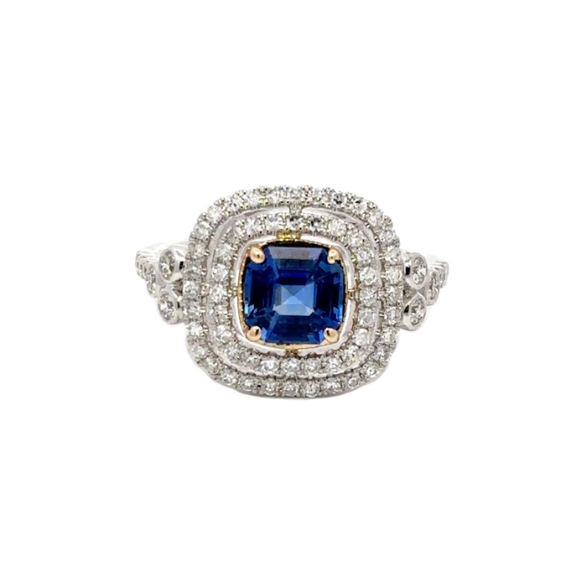Blue Sapphire and Diamond Double Halo Ring