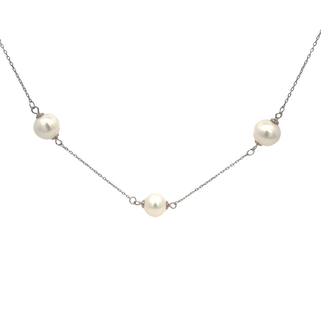 Sterling Silver Pearl Necklace Having 11 White Freshwater Pearl Stations Measuring 24.5