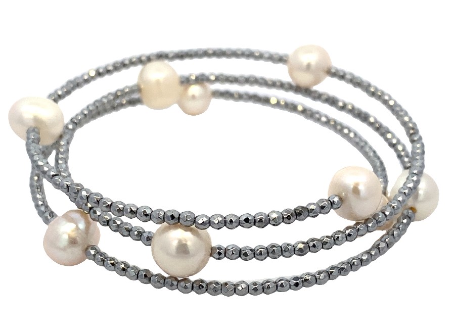 Freshwater Pearl Wrap Bracelet In Sterling Silver Having 9 White Pearls Separated By Sections Of Faceted Silver Beads