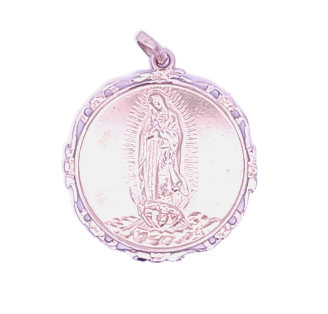 Estate 18 Karat Yellow Gold Our Lady Of Guadalupe Pendant  37 mm In Diameter With Decorative Edge